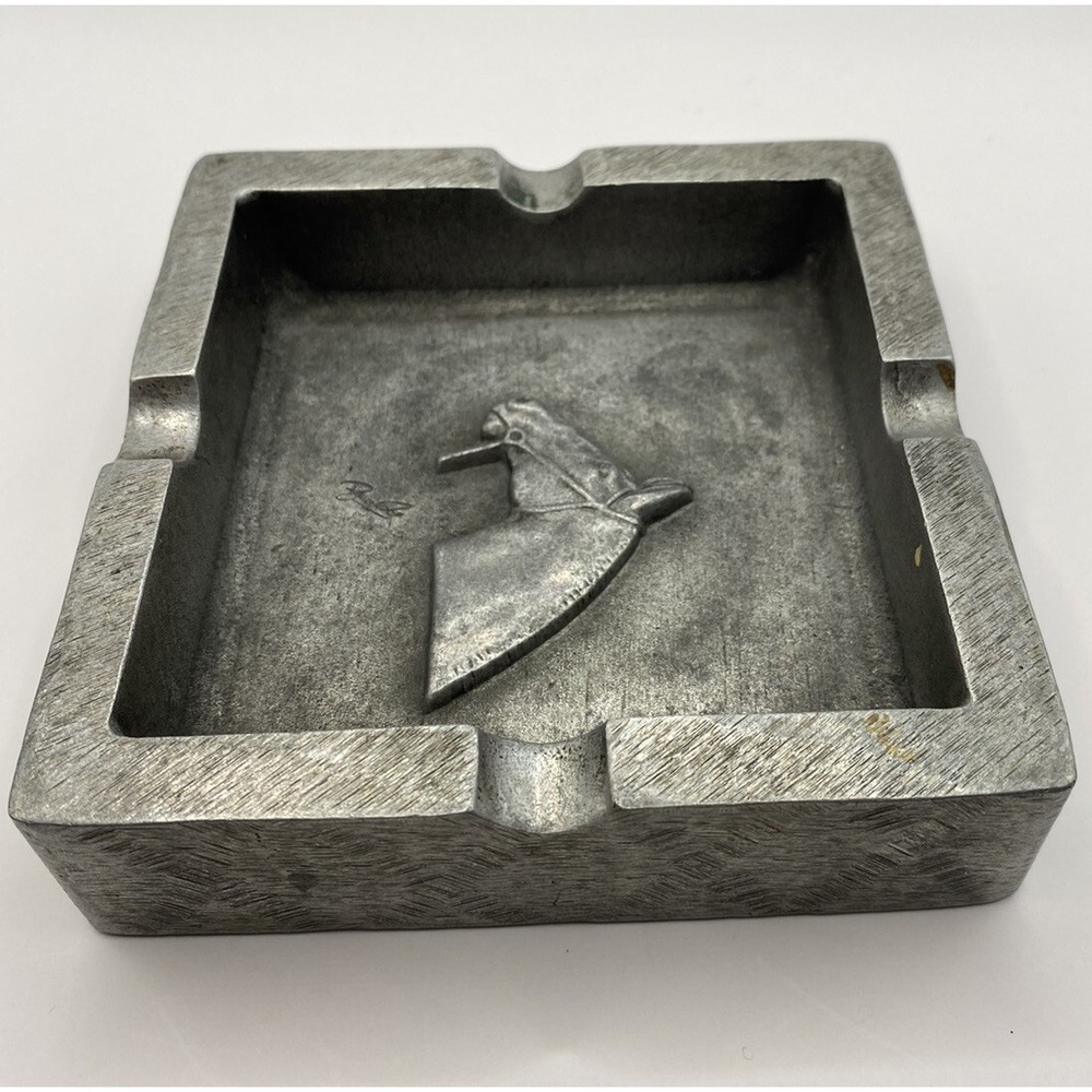 Vintage Signed Equestrian Horse Head Cast Metal Square Ashtray Silver Tone Decor - Picture 5 of 6